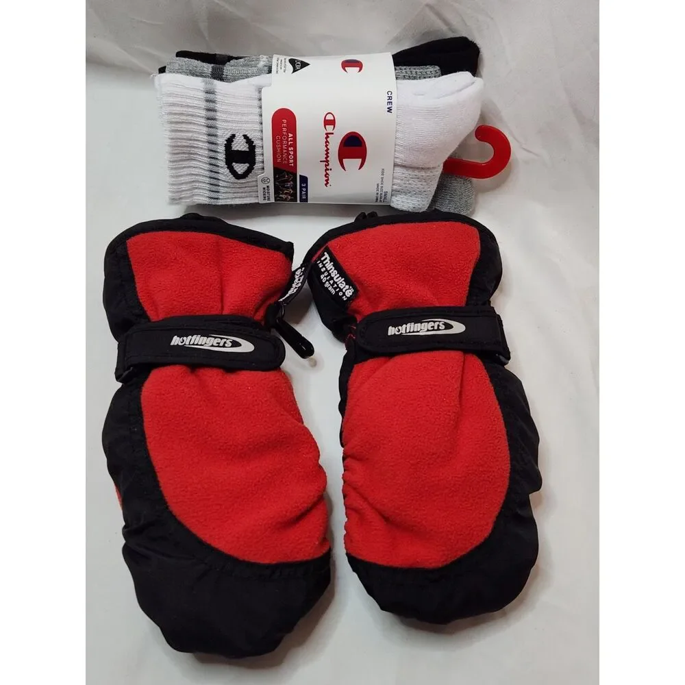 Champion Kids Socks 3‑Pack + Hot Fingers Mittens Bundle Small 10K–4Y